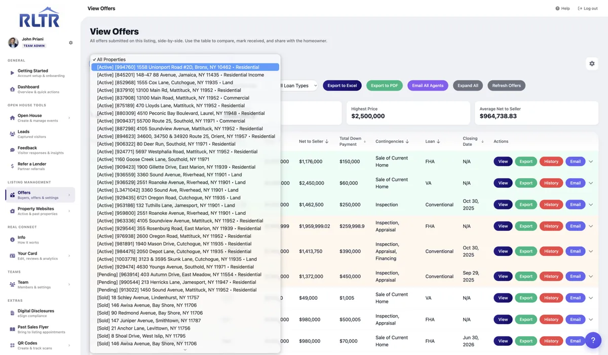 Listing selector dropdown open